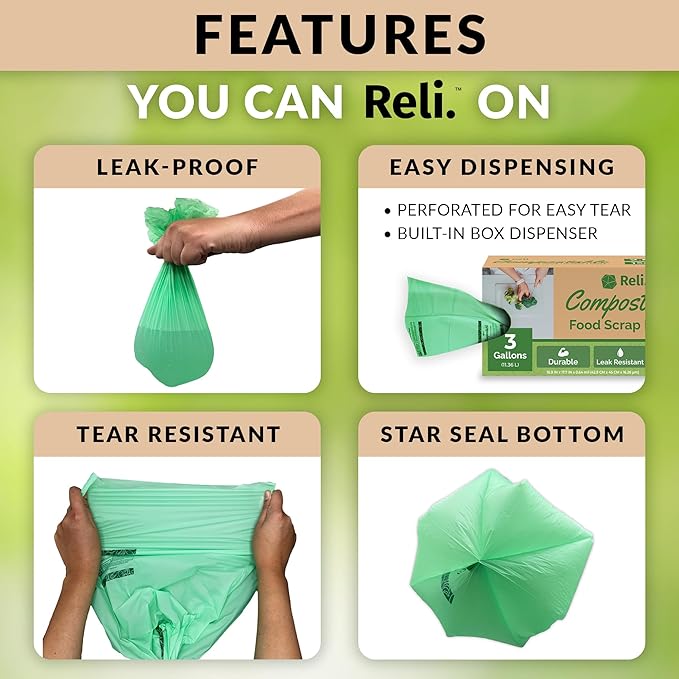 Reli. Compost Bags 3 Gallon (150 Count) | ASTM D6400 | Compostable Trash Bags for Food Scraps | Small Composting Liners for Kitchen Compost Bin/Countertop Bin | Green, Eco for Food Waste, 3 Gal