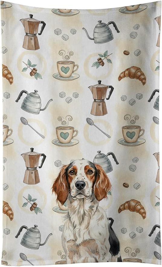 Caroline's Treasures Tricolor English Setter Coffee Bar Kitchen Towel Velour Plush Front and Cotton Loop Back Machine Washable