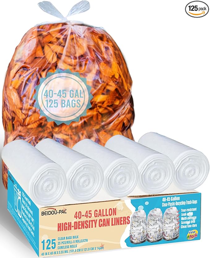 BEIDOU-PAC 40-45 Gallon Lawn & Leaf Trash Bags, 125 Count Bulk, Heavy Duty Clear Plastic Recycling Bags, Multi-purpose Garbage Bags for Home Commercial, Outdoor, Construction, Industrial