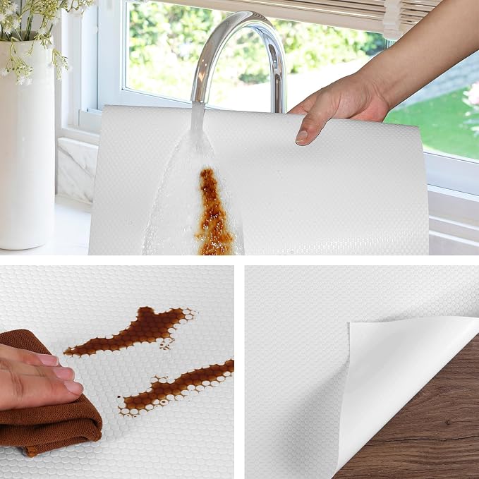 White Shelf Liners for Kitchen Cabinets Non Adhesive Drawer Liner for Bathroom Waterproof Refrigerator Liners for Shelves Fridge Plastic Mats Cabinet Cupboard Liner 17.5 x 236.2 Inches