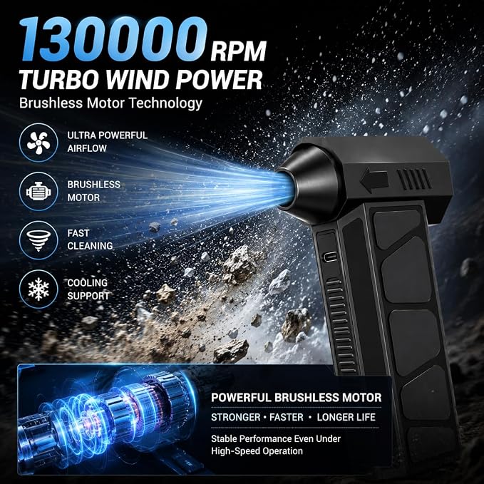 Bestmotoring Electric Air Duster, 130000 RPM Rechargeable Compressed Air Duster with Dual 21700 Batteries, Cordless Air Blower for PC Cleaning, Keyboard Cleaner and Car Detailing