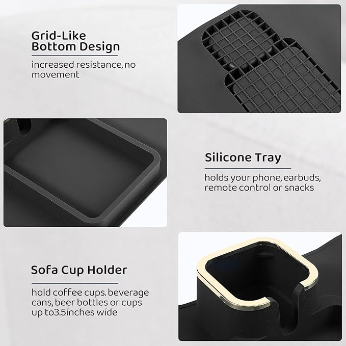 HMASYO Couch Cup Holder Tray - Silicone Sofa Armrest Table Couch Drink Holder and Tray Organizer for Remote Snacks Cellphone, Anti-Spill Anti-Slip Design, Gifts for Family Mom Dad Grandma