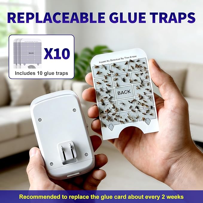 2-Pack Upgraded Fruit Fly Traps for Indoors, Flying Insect Trap for Fruit Flies, Gnats, Plug in Bug Zapper Indoor with Dual-UV Lights & Trapping, Electric Grid & Glue Traps(2 Device & 10 Glue Boards)