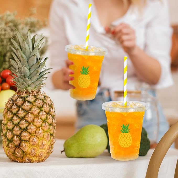 Whaline 50Pcs Pineapple Disposable Plastic Cups with Lids and Straws 12 Oz Tropical Fruit Cold Beverage Drinking Cups for Summer Hawaiian Birthday Party