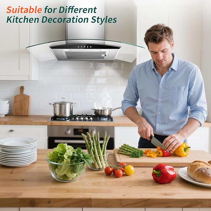 Tieasy Range Hood 30 Inch, 450 CFM Wall Mount Kitchen Hood with Ducted/Ductless Convertible Stainless Steel Filter Range Hoods 3-Speed Touch Control LED Lights