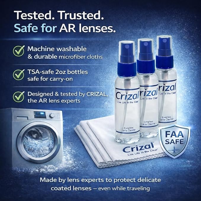 Crizal Lens Cleaning Kit – 3 Cloths +3 Solutions – Designed & Tested for AR-Coated Lenses – Complete AR Lens Care System