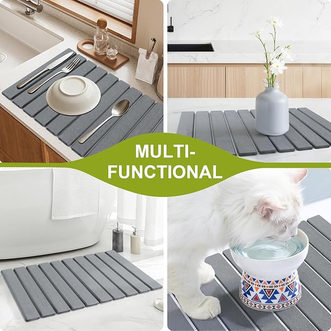 Large Stone Drying Mat for Kitchen Counter, Collapsible Stone Dish Drying Mats, Water Absorbing Diatomaceous Earth Drying Stone for Kitchen Counter, Kitchen Dish Drying Stone Mat, 24"×16" (White)