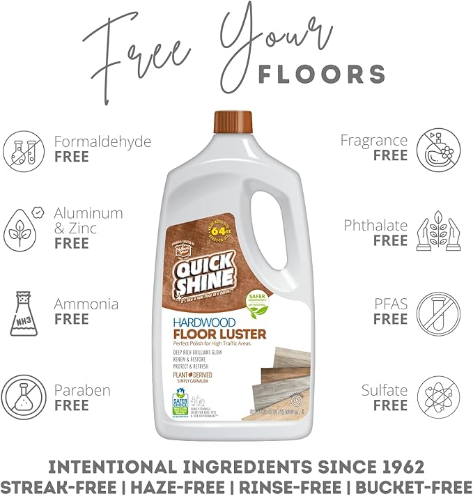 Quick Shine Hardwood Floor Luster-Polish 64oz-4pk | Plant-Derived w/Carnauba | Safer Choice, No PFAS, pH Neutral | Ready to Use Formula w/Anti-Slip Technology | Simply Squirt & Spread | Made in USA