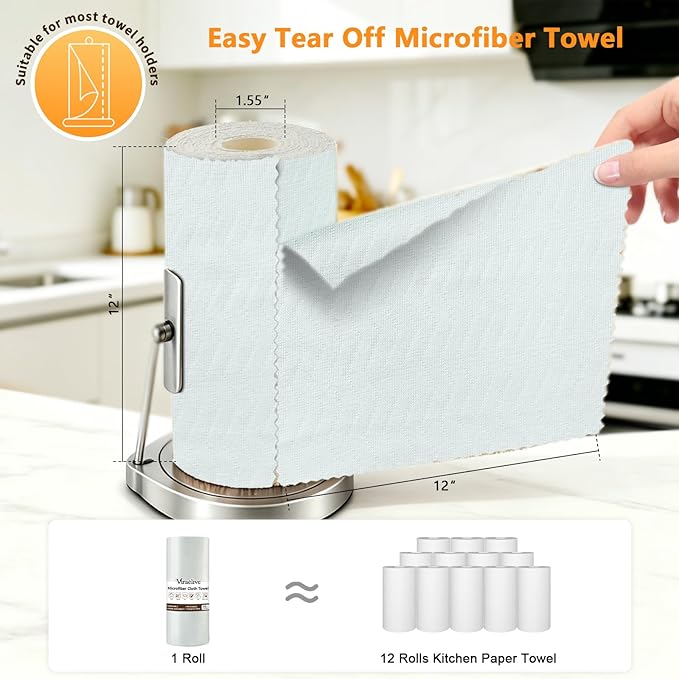 Microfiber Cleaning Cloth Roll, 50-Count Absorbent & Reusable, Streak-Free, Lint-Free, Scratch-Free Towels, Dish Rags for Kitchen, Home, Studio & Surfaces, Green Wave Pattern, 12x12 in