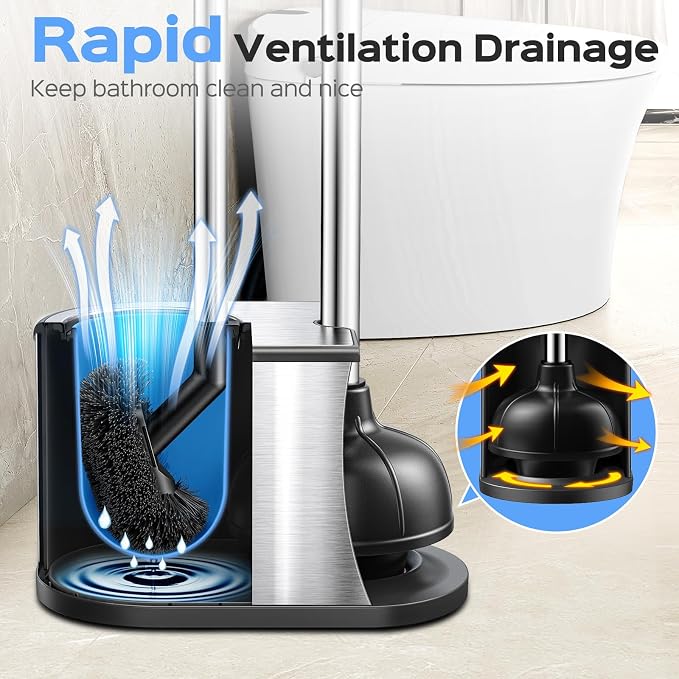 Silicone Bathroom Deep Cleaning Toilet Bowl Brush Holder Set Gray and 2 in 1 Stainless Steel Rustproof Toilet Plunger and Brush Set