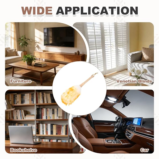 uxcell Wool Duster, 14.2" Natural Feather Cleaner Household Cleaning Duster with Solid Wooden Handle for Cleaning Fans Window Blinds Shelves Furniture, White Gold