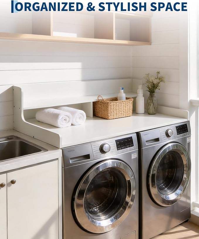 Takywep 2 Tiers Washer Dryer Countertop, 54" x 27.5" Washer Dryer Topper with Edge, Washer and Dryer Laundry Topper with Anti-Slip Pads & Anti-Vibration Mat, White