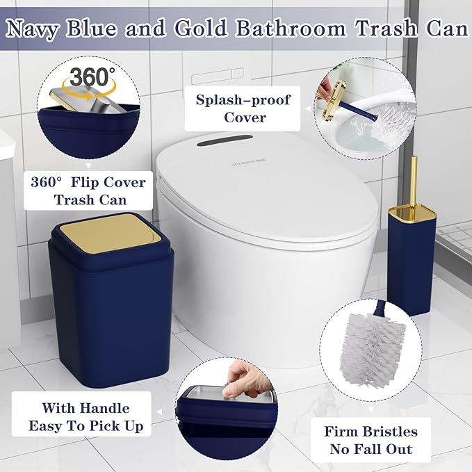 XLHOMO Navy Blue Bathroom Accessories Set, Blue and Gold Bathroom Accessories with Trash Can, Soap Dispenser, Soap Dish, Toothbrush Holder and Q-tip Holders