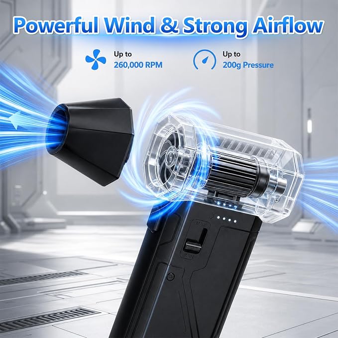 Welspo Compressed Air Duster 260000RPM Super Power Electric Air Duster Rechargeable, 3-Gear Adjustable Blower with Brushless Motor, Cordless Dust Blower for Keyboard, PC, Car, Home & Outdoor Use