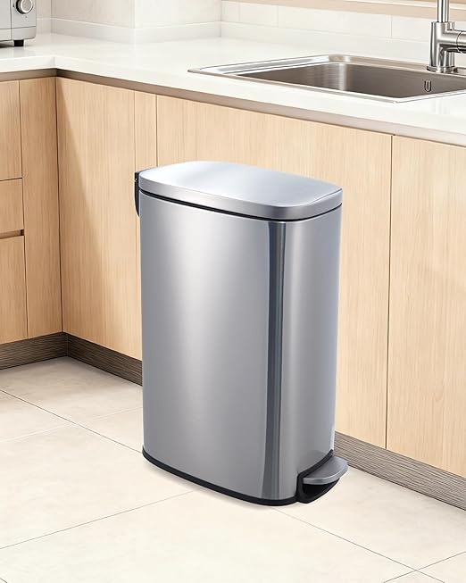 GarveeHome 13 Gal Slim Trash Can, Step Garbage Can with Soft-Close Lid, Stainless Steel Recycling Bin Waste Container with Removable Inner Bucket for Kitchen, Bathroom, Office, Silver