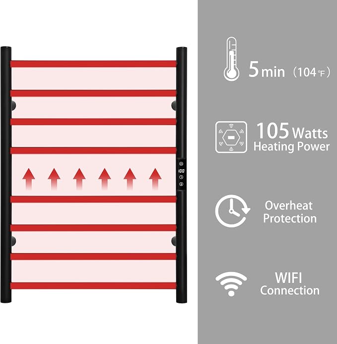 KEG Smart WiFi Towel Warmer Wall Mounted with Built-in Timer and Temperature Adjust Control, 8 Bars Electric Stainless Steel Heated Towel Racks for Bathroom Black