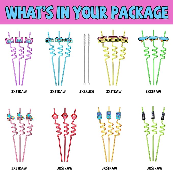 24 90s Party Favors 1990's Retro Element Straws for Back to The 90s Party Decorations Supplies with 2 PCS Straws Cleaning Brush