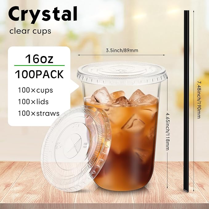Ziliny 100 Set Clear Plastic Cups with Lids and Straws, Disposable Iced Coffee PET Cups for Drinking Cold Beverage Juice Parfait Smoothie Milkshake Coffee Shops Party Supplies (16 oz)