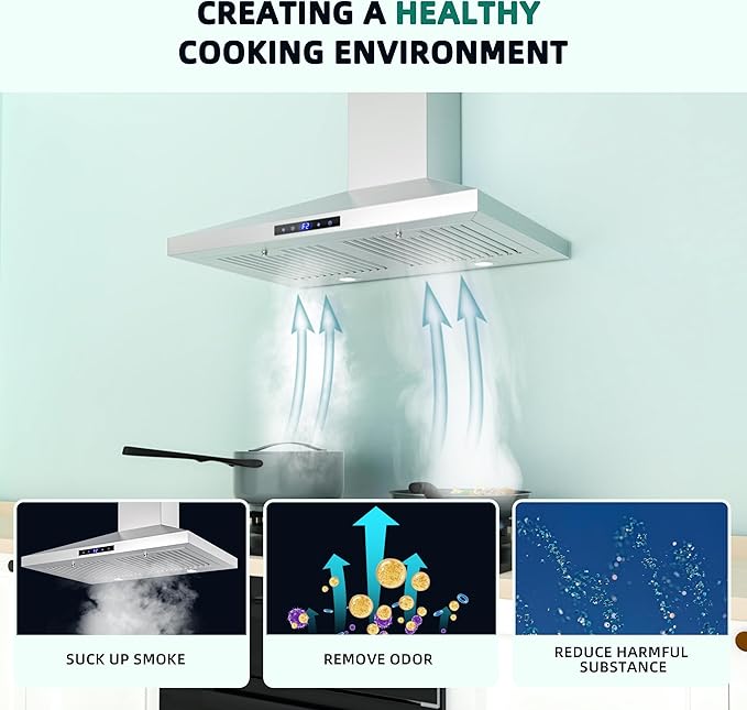 FIREGAS Range Hood 30 inch, Wall Mount Kitchen Hood in Stainless Steel With Ducted/Ductless Convertible, Stove Vent Hood with Permanent Filters, 3 Speed Exhaust Fan, LED Lights, Touch Control