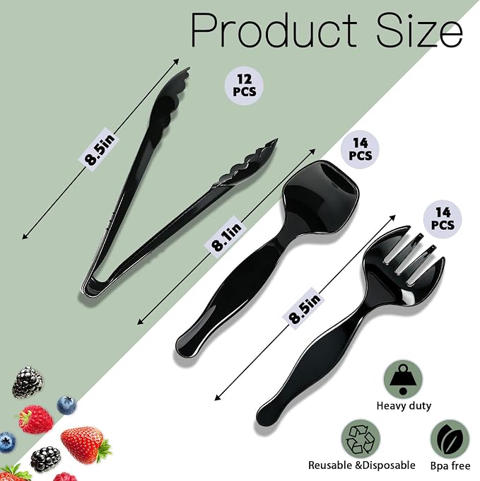 40 Pcs Black Plastic Serving Utensils Set - Large Serving Tongs, Serving Forks, Serving Spoons - Heavy Duty Disposable Serving Utensils for Parties, Buffet, Catering Supplies (Black, 40 Pcs)