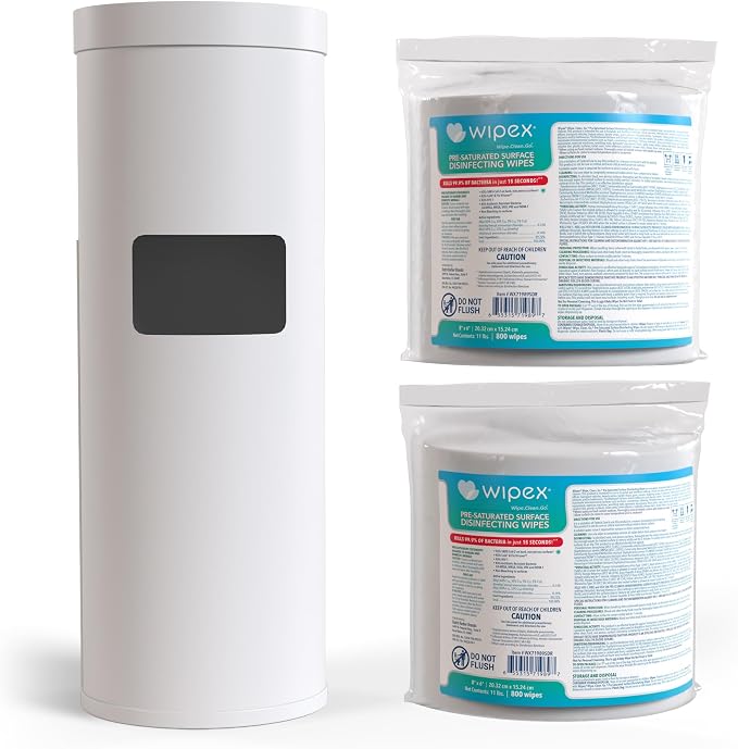 Wipex Disinfecting Wipes Bulk Bundle: Premium White Dispenser with Trash Bin - Stainless Steel and 2 Packs of 800ct EPA Wipes Refill Roll for Equipment in School, Office, Gym, Public Venues