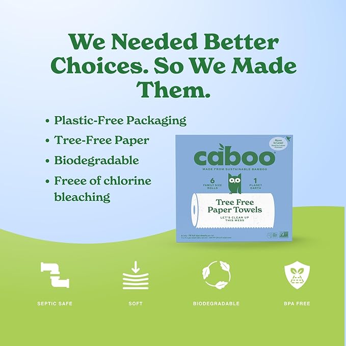 Caboo Tree Free Paper Towels, 6 Rolls, Plastic Free & Eco Friendly, Earth Friendly, Sustainable Kitchen Paper Towels with Strong 2 Ply Sheets