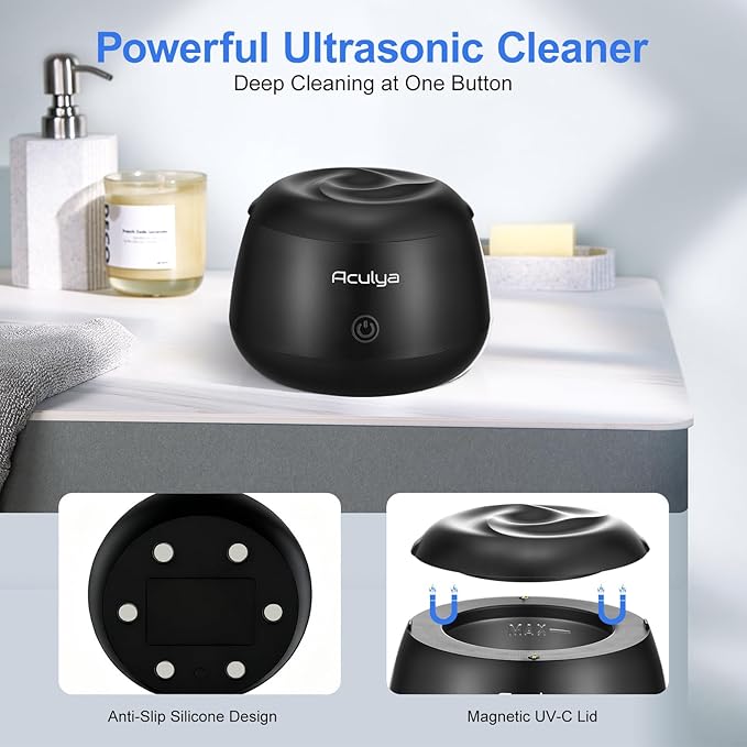 Ultrasonic Retainer Cleaner Machine 48 kHz Denture Cleaner 200ml Dental Cleaner Pod for Aligner Retainer, Jewelry, Night Guard, Brace, Black