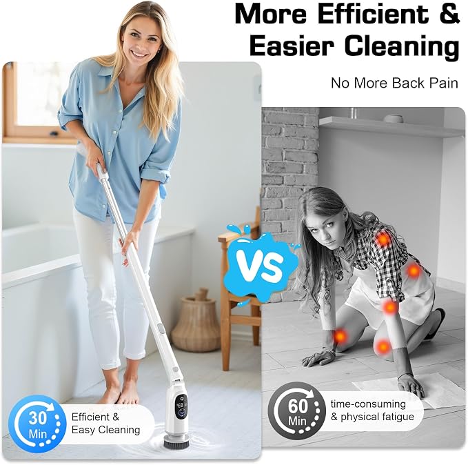Electric Spin Scrubber, 200Mins Runtime Bathroom Scrubber with 3-Speed & LCD Display, Full-Body IPX7 Shower Scrubber with 8 Heads for Bathtub Kitchen Floor Grout, 53IN Extendable Handle