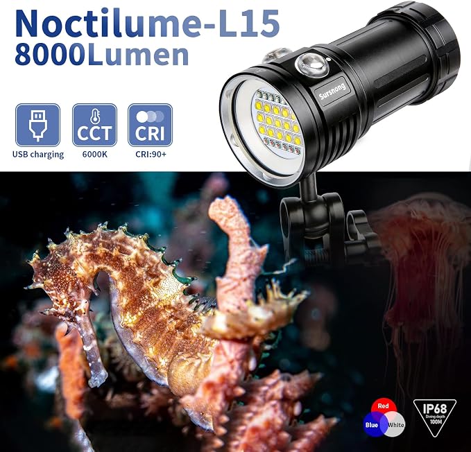 Noctilume N15 6000 Lumens Dive Light - Professional Underwater Video Light with 90 CRI, 6500K White Light, for Scuba Diving/Underwater Photography/Videography (IP68 Waterproof, 80m Depth)