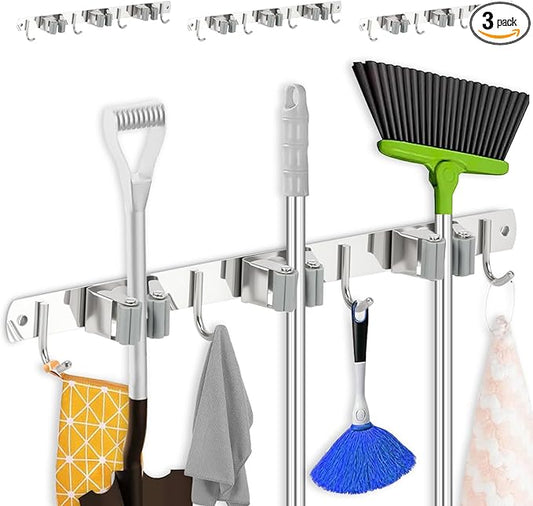 3 Pack Broom Holder Wall Mount 3 Racks 4 Hooks Stainless Steel Broom Mop Holder Anti Slip Storage Rack Strong Load Bearing Waterproof Broom and Mop Organizer Wall Hanging for Bathroom Kitchen Garage
