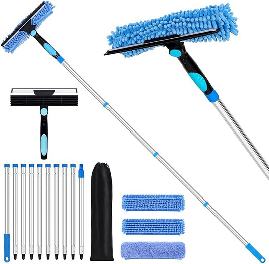 152'' Window Cleaning Kit, 2 in 1 Window Squeegee with Extension Poles, Window Cleaner Tools for Indoor/Outdoor High Window, Car, Glass