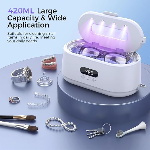 Ultrasonic Jewelry Cleaner, 50KHz Ultrasonic Cleaner Machine, Dual Modes & LED Display, 5 Cleaning Modes, 24W Sonic Cleaner for Jewelry, Eyeglasses, Watches, Rings, Watch Strap,Dentures(White)