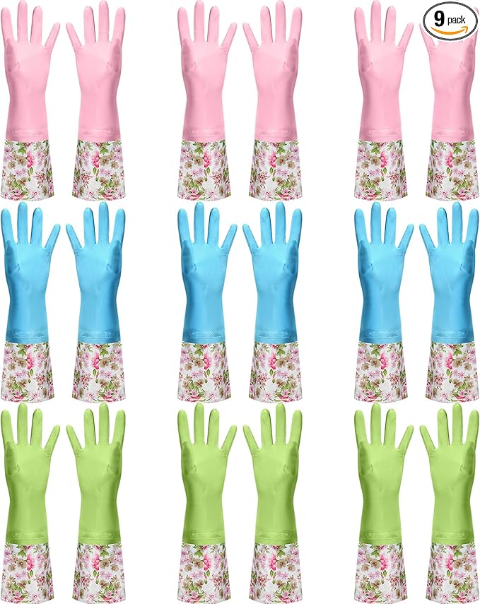 Mimorou 9 Pairs Household Dishwashing Rubber Gloves Long Cuff and Flock Lining Cleaning Gloves Reusable Waterproof