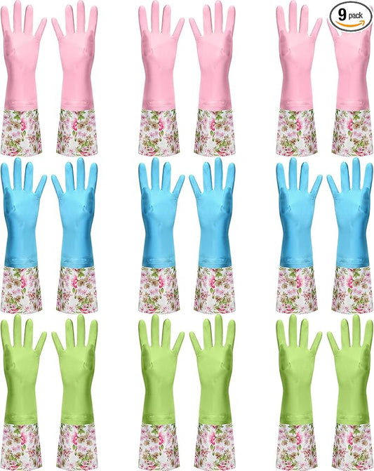 Mimorou 9 Pairs Household Dishwashing Rubber Gloves Long Cuff and Flock Lining Cleaning Gloves Reusable Waterproof