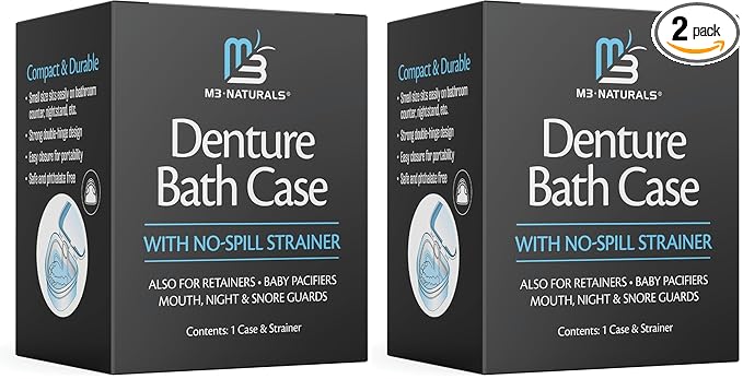 Denture Bath Case and Retainer Case, Denture Bath Cup for Invisalign Retainers Mouthguards Dentures Cleaner Kit with Strainer Spill-Free Portable Retainer Cleaner Case by M3 Naturals (Pack of 2)