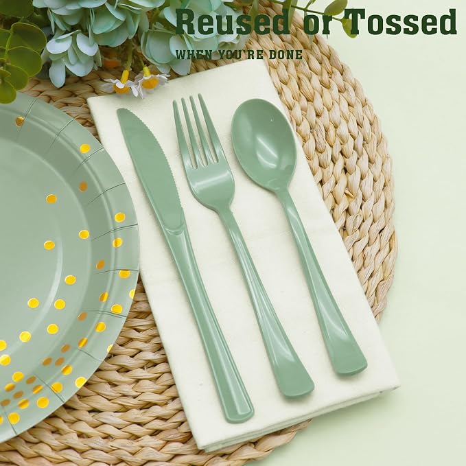 150 PCS Sage Green Plastic Silverware Heavy Duty Utensil Sets Include 50 Disposable Forks, 50 Knives, 50 Spoons for Birthday, Baby Shower, Picnic, Spring Party, Wedding