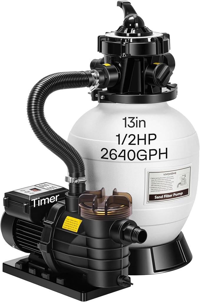 VIVOHOME Sand Filter Pump with 1/2 HP Motor, 2640 GPH w/Timer for in/Above Ground Pools up to 14,000 Gallons, 7-Way Valve with 55-Pound Sand Capacity