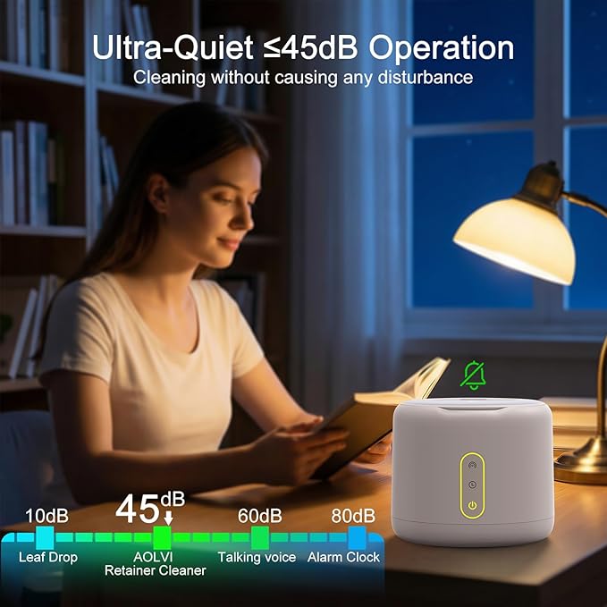 Ultrasonic Retainer Cleaner Machine, IPX6 Waterproof Denture Cleaner, 3 Modes Dental Cleaning Pod with RGB Indicator, 45kHz UV for Mouth Guards, 200ML Tank, White