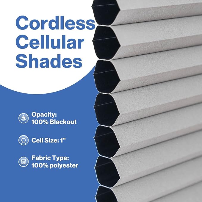 No Drill Cellular Shades, Light Gray Custom Size Cordless Light Filtering Pull Down Pleated Honeycomb Blind Thermal Insulated Easy Install for Indoor Window Bedroom Living Room Kitchen Door
