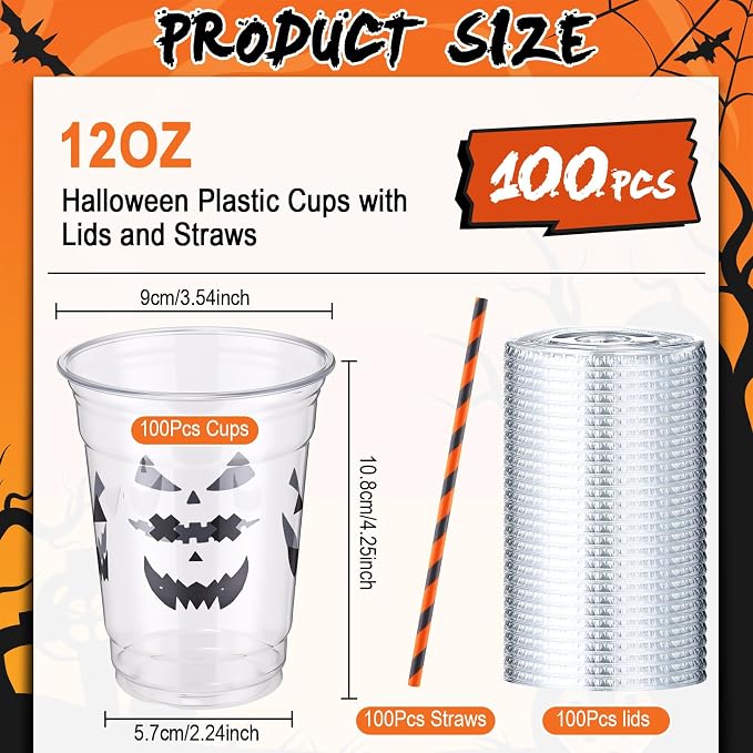 Yaomiao 300 Pcs 12 oz Halloween Plastic Cups with Lids and Straw Halloween Plastic Cup Disposable Clear Tumbler Whiskey Tumbler Black White Emoticons Witch Drinking Set for Party Supply