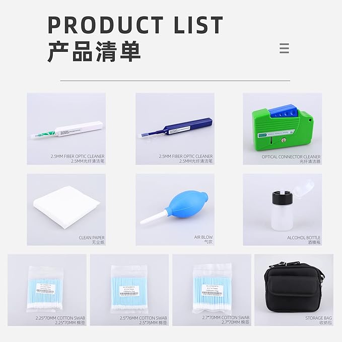 FTTH Fiber Optic Cleaning Kit with Fiber Cleaning Cassette for FC SC ST LC MU Connectors 1.25mm 2.5mm Fiber Cleaner Pen Cleaning Swabs Wipes Cleaner Tool