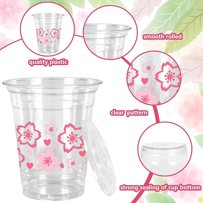 Whaline 50 Pcs Pink Cherry Blossom Plastic Cups with Lids and Straws Heart Sakura Clear Plastic Cups 12 Oz Disposable Cup for Spring Wedding Birthday Party Supplies