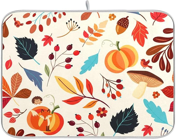 Absorbent Dish Drying Mat Autumn Pumpkins Fall Leaves Thanksgiving Day Kitchen Counter Mat Protector,Reversible,Medium 18 x 16 Inches