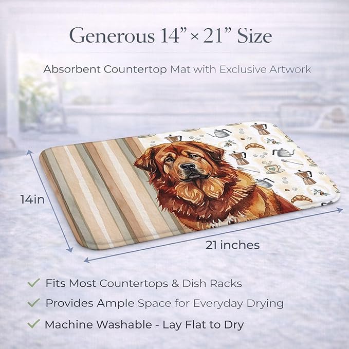 Caroline's Treasures Red Gold Tibetan Mastiff Coffee Bar Dish Drying Mat Absorbent Dish Drying Mat Pad for Kitchen Counter Dish Drainer Mat for Countertop, 14 x 21", Multicolor