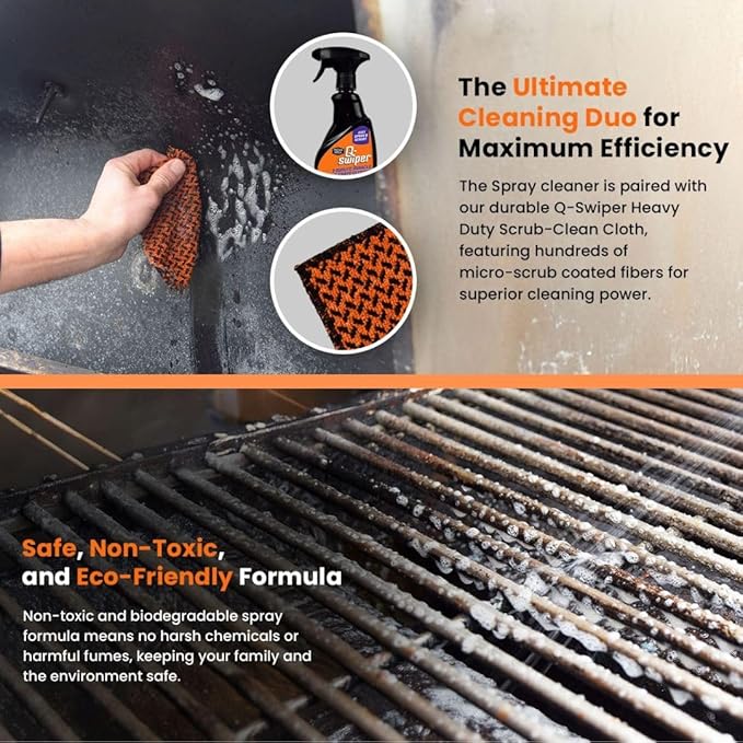 Grill & Grate Deep Cleaning Bundle – Q-Swiper Grill Cleaner Spray + Reusable Scrub-Clean Cloth (2-Pack)