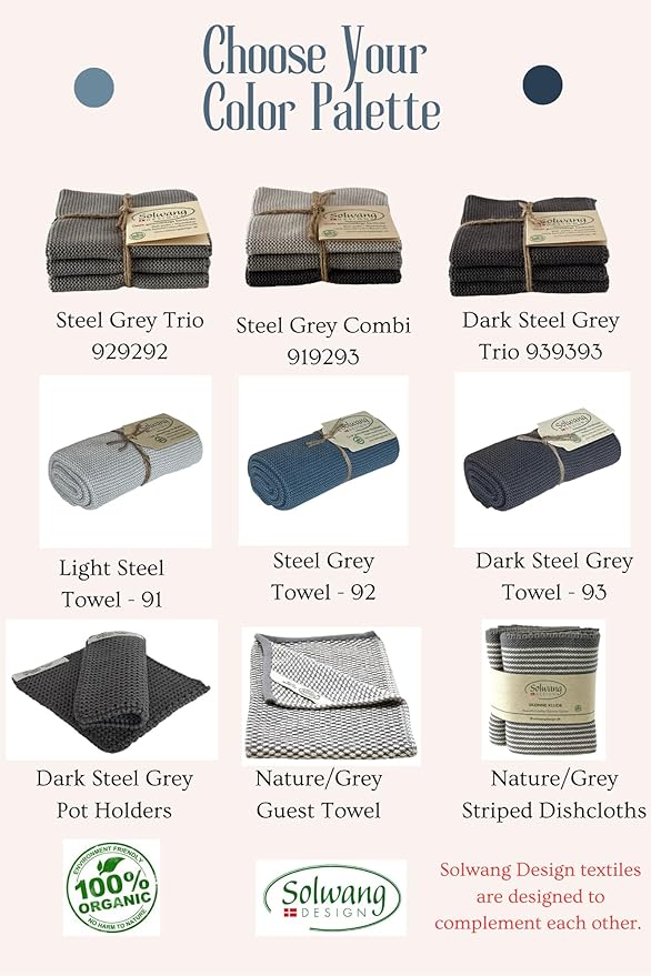Solwang 3-Piece Danish Cotton Dishcloths in 100% Certified Organic Cotton Made in India (Steel Grey Organic Combi)