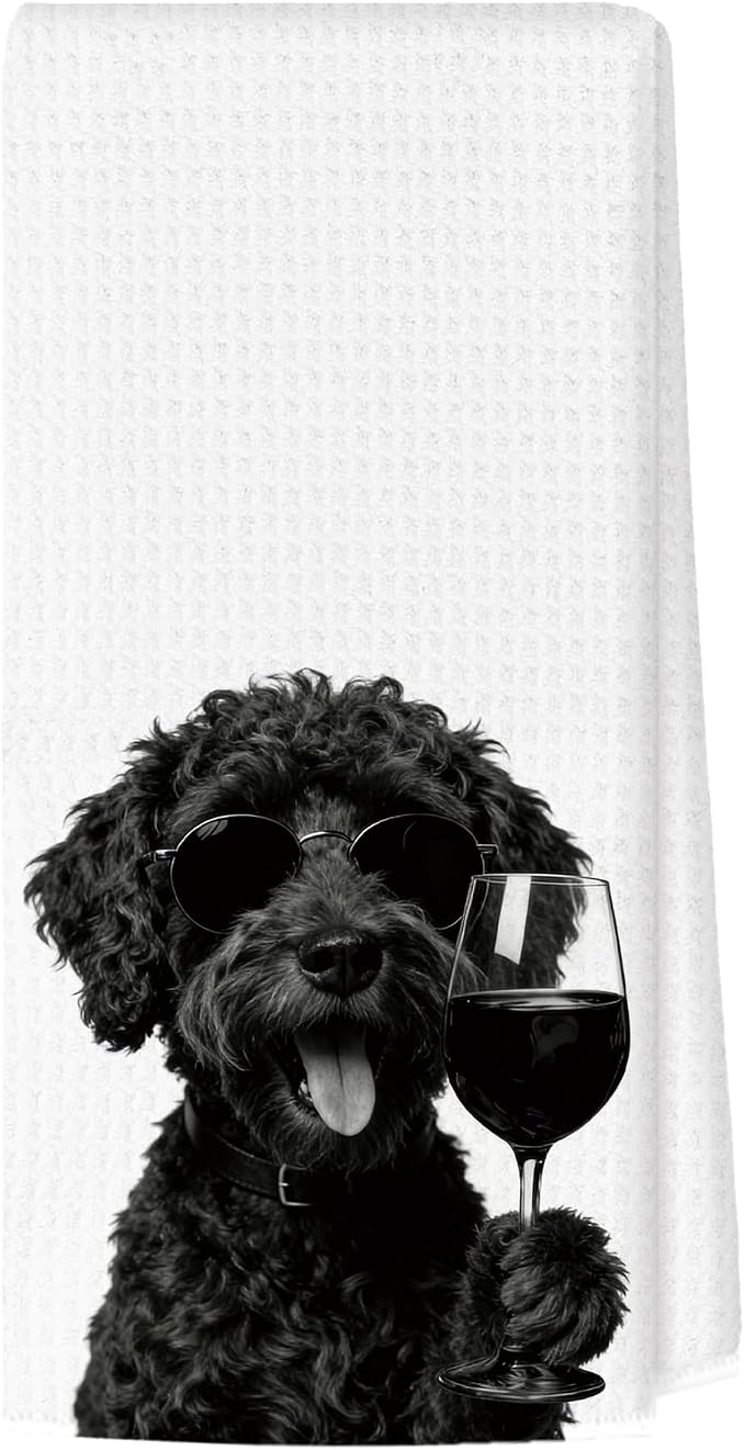 Funny Black Portuguese Water Dog Wine Bar Kitchen Towels, Dog Gifts for Women Decorative Hand Towels for Kitchen Decor, Dog Mom Dad Lovers Owner Gifts Dish Tea Towel, 16x24 Inch