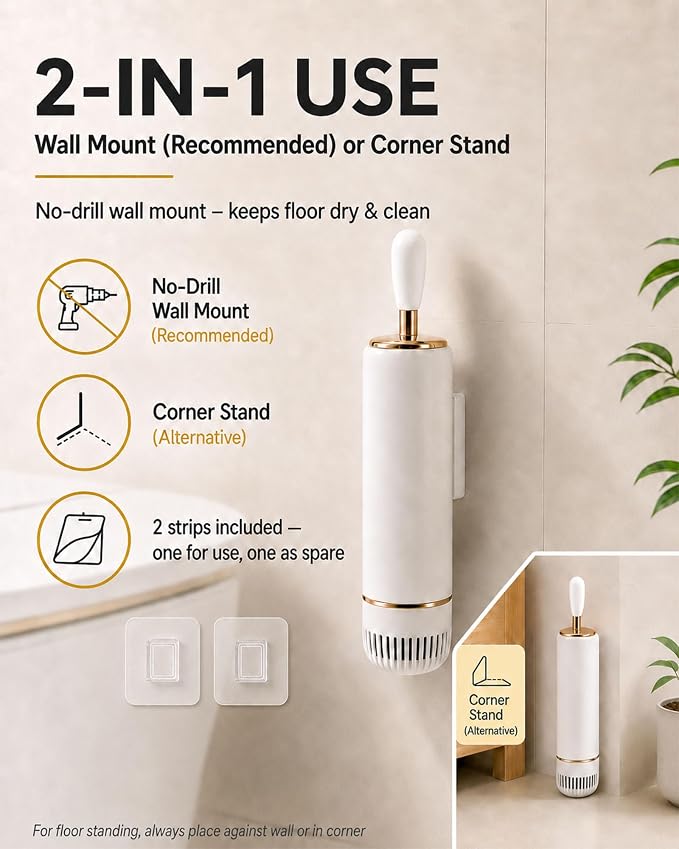 Toilet Brush Set, Dense Nylon Bristles, Wall Mount, Non-Scratch, White Gold | 16.5" Handle | Splash-Proof | Odor-Locking Lid | Ventilated Base | Hideaway Brush Head | Thick ABS | 2 Adhesive
