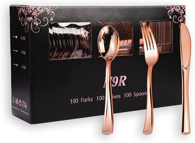 N9R 300PCS Rose Gold Plastic Silverware, Heavy Duty Plastic Cutlery Set, Disposable Rose Gold Utensils Include 100 Forks, 100 Spoons, 100 Knives, Perfect for Party Decorations