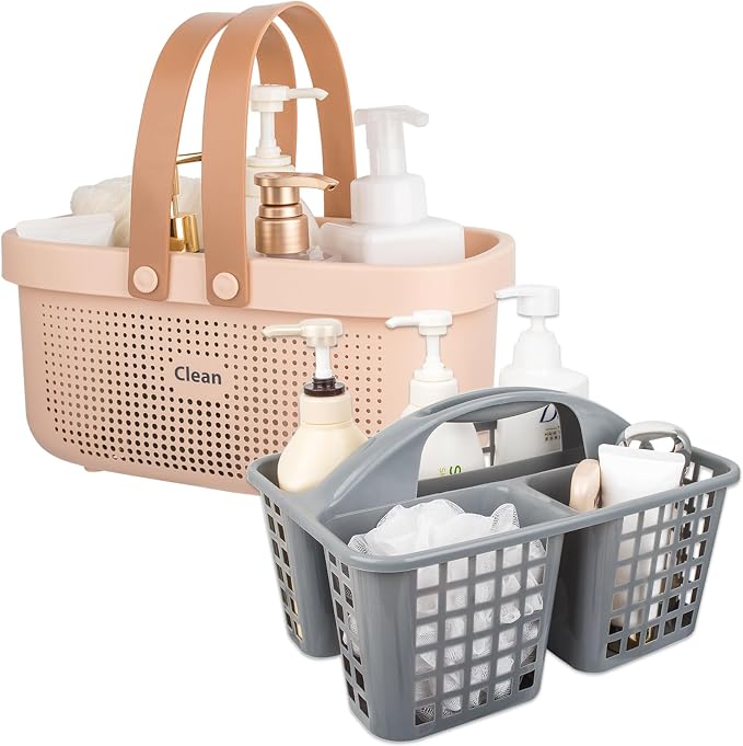 JiatuA Portable Shower Caddy Basket Cleaning Supplies Organizer with Handle Plastic Tote Storage Tool Bin for Bathroom Kitchen Bedroom College Dorm, Under Sink, Garden, Pink & Grey